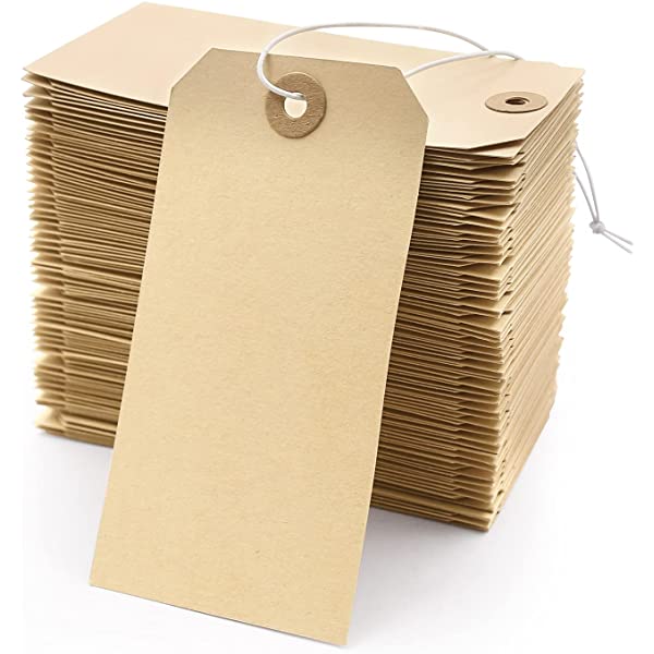 Blank Manila Shipping Tags with Elastic String - Coideal 120 PCS Strung Cardstock Paper Tags Attached Reinforced Hole, 4 3/4